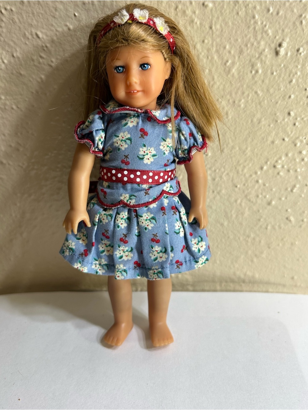 American Girl Doll Retired Blue Floral Dress Doll with Red Accents